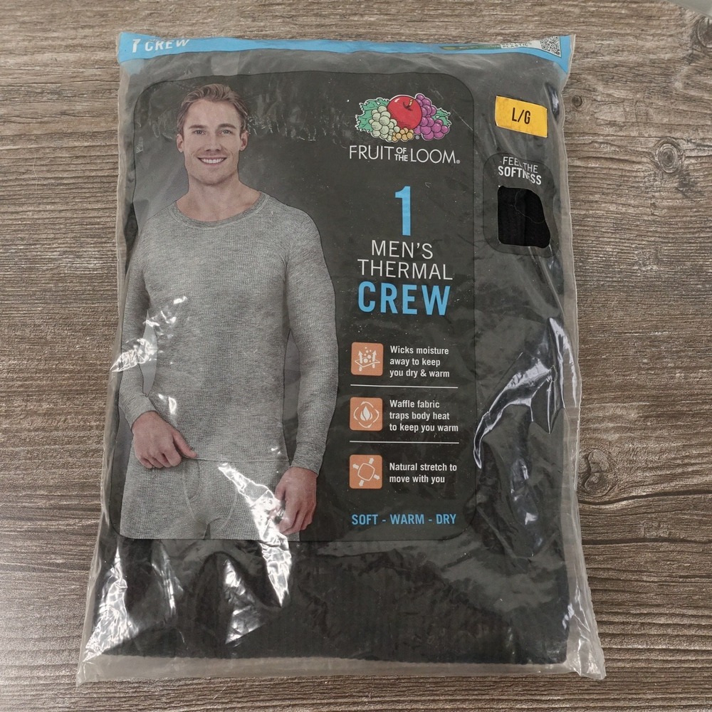 Fruit of the Loom Thermal Crew Men Large Black NEW Waffle Knit Base Layer Top